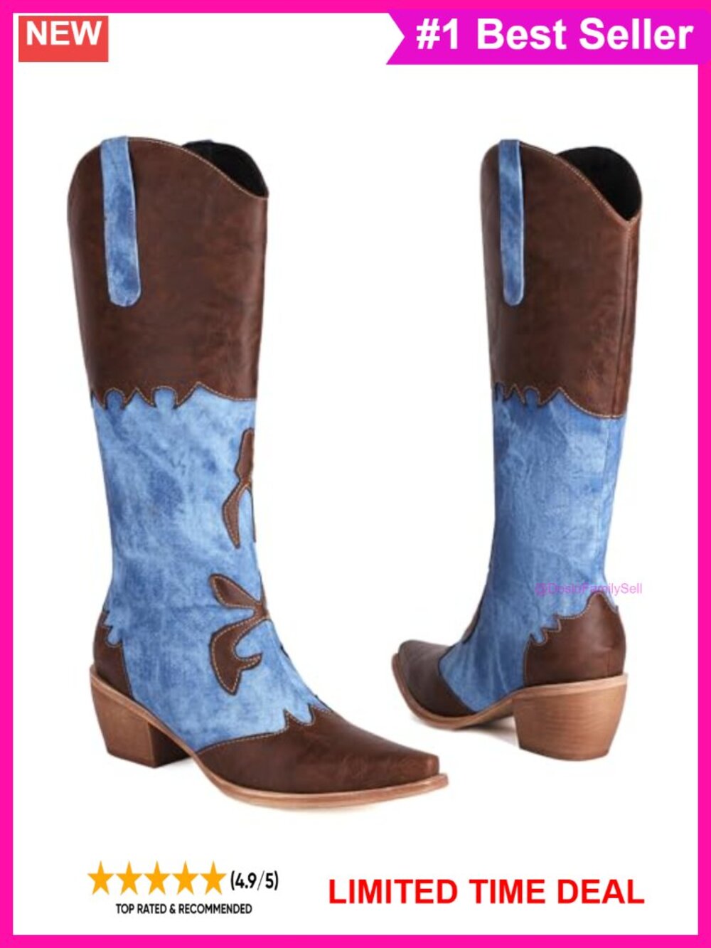 Women Denim Patchwork Cowboy Boots Pointed Toe Chunky Heel Mid Calf Pull On